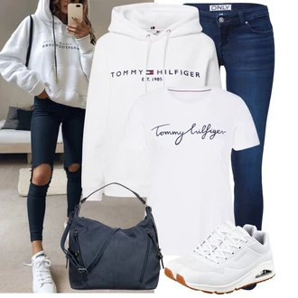 Outfit s Bílá/Růžová/Šedá/Krémová/Stříbrný/Vícebarevný Originální mikina/Svetr S Kapucí/Partnerská Mikina/Sportovní mikina/Mikina/Unisex Mikina S Kapucí/Vintage mikina/Dámský Svetr/Svetr s kapucí Tommy Hilfiger "Stylové kombinace pro volný čas"