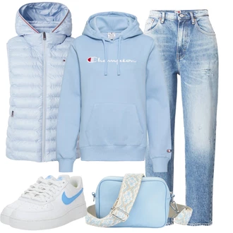 Stil 90-ich Outfit sa Svjetloplava Boyfriend Jeans/Girlfriend Traperice/Skraćene Traperice/Formalna Košulja/Traperice s Prorezom/Traperice s Rupom/Dad Traperice/Vintage traperice/High Waist Traperice/Mom Jean Tommy Jeans "Proljetna odjeća"Look: Rap, Stil, 90-ich