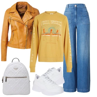 Vintage Outfit s Žlutá Fleecová Mikina/Kožená bunda/Sportovní mikina/Vintage mikina O'NEILL "Lehké jarní outfit"Look: Cool, Hip Hop, Krásný, Skater, Unisex, Univerzitní, Vintage, Sportovní