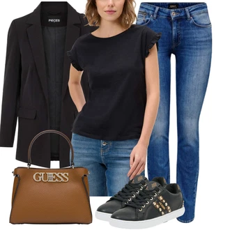 Trendový Outfit s Černá/Zlatý Teniska Tenisky s Bočním Zipem/Teniska teddy/Teniska se Třpytkami/Úzká Teniska/Kožené Tenisky/Nízká Teniska Guess "Lehký outfit"Look: Ležérní, Šik, Lak, Lev, Metal, Sportovní, Streetwear, Trendový, Unisex