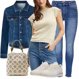 Džínové bundy s koženými rukávy outfity image