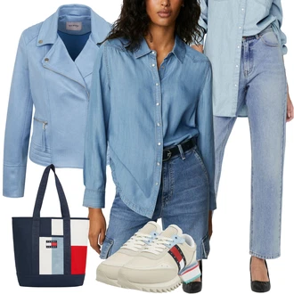 Outfit s Bílá/Khaki/Béžová/Krémová Bota Kožené tenisky/Úzká teniska/Nízká Teniska/Teniska teddy/Letní tenisky/Vintage teniska Tommy Jeans "Lehký outfit"