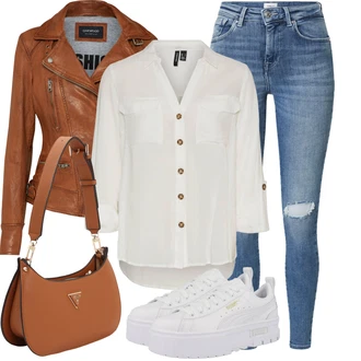 Zapínání na knoflíky Outfit s Šedá/Khaki/Bílá/Hnědá/Béžová/Světle zelená Tunikové Tričko/Halenka S 3/4 Rukávem/Blůza s nášivkou na lokti/Oversize Muselínová Blůza/Kožená bunda/Blůza s knoflíčkem Vero Moda Tall "Skvělý pro volný čas"