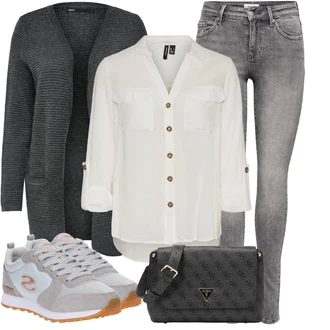 Zapínání na knoflíky Outfit s Šedá/Khaki/Bílá/Hnědá/Béžová/Světle zelená Tunikové Tričko/Halenka S 3/4 Rukávem/Blůza s nášivkou na lokti/Oversize Muselínová Blůza/Kožená bunda/Blůza s knoflíčkem Vero Moda Tall "Vzhled casual"