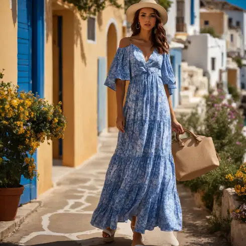 Kombinirajte Plava Carmen Haljina/Haljina matični ured svat/Haljina S Printom/Ležerna Haljina/Midi Haljina/Pamučna Haljina/Ljetna Haljina happiness İstanbul