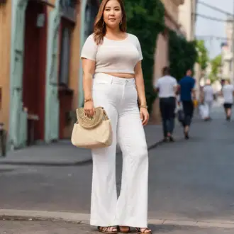 Ljeto Outfit sa Bijela/Krem Hlače od muslina/Hlače s Prorezom/Culotte Hlačice/Široka Hlača/Lanene Hlače camaieu "Ljetni odjevni komplet za punije žene"