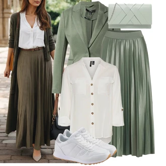 Zapínání na knoflíky Outfit s Šedá/Khaki/Bílá/Hnědá/Béžová/Světle zelená Tunikové Tričko/Halenka S 3/4 Rukávem/Blůza s nášivkou na lokti/Oversize Muselínová Blůza/Kožená bunda/Blůza s knoflíčkem Vero Moda Tall "Vzhled casual"