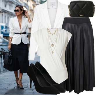Elegantní Outfit s Černá/Šedá/Tmavě šedá Sukně do Délky Lýtka/Křesťanská Sukně/Dlouhá Sukně/Maxi sukně/Midi Sukně/Moderní Sukně/Plisovaná sukně/Sukně Pro Matriku Vila "Lehký outfit"Look: Business, Cool, Disko, Elegantní, S Metall, Krásný, Old Money, Nadrozměrné, Klasické, 60. Let