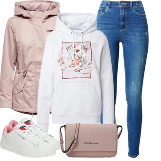 Outfit s Bílá/Růžová/Krémová Skate Bota/Letní tenisky/Kožené tenisky/Úzká teniska/Nízká Teniska Tommy Jeans "Lehký outfit"