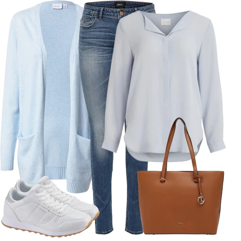 Kombinace Světle modrá/Modrá Dlouhá Halenka/Halenka s Dlouhým Rukávem/Slip-on Halenka/Blůza s knoflíčkem/Halenka se Stojatým Límcem/Tunikové Tričko/Oversize Halenka Vila kombinovat s Světle modrá/Modrá Pletenina veľkej veľkosti Vila