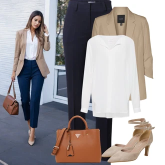 Chytrý příležitostný Outfit s Šedá/Hnědá/Béžová/Bílá/Krémová/Khaki Oversize Halenka/Halenkové Body/Blůza s knoflíčkem/Halenka s Dlouhým Rukávem/Tunikové Tričko/Slip-on Halenka/Oversize Muselínová Blůza/Halenka se Stojatým Límcem/Dlouhá Halenka Vila "Elegantní vzhled"Look: Styl, Klasické, Elegantní, Kancelář, Chytrý příležitostný, Univerzitní, Retro