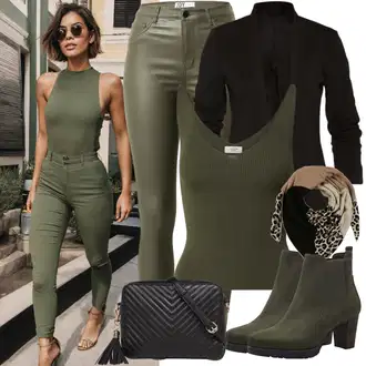 Kůže Outfit s Tmavě zelená/Khaki Kožená bunda/Motorkářské Džíny/High Waist Džínové Kalhoty/Džíny s Rozparkem/Termální Džíny JdY "Cool vzhled na jaro"
