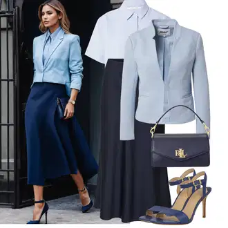 Outfit sa Tamnoplava/Plava cipela s remenom/Salonka s Kopčom/Salonka & Visoki Pet/Sandala s petom/Sandala na Petu Polo Ralph Lauren "Elegantan izgled"