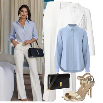Outfit sa Zlatni/Bež/Bijela Sandala s vratilom/Sandala s petom/Salonka s Kopčom/Elegantna Cipela/cipela s remenom/Sandala na Petu/Salonka & Visoki Pet Polo Ralph Lauren "Elegantan izgled"