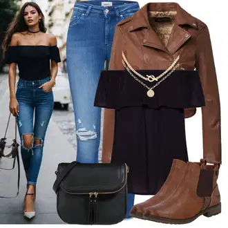 Krátká Outfit s Hnědá/Béžová Chelsea Boty/Kožená bunda/Plochá Kotníková Bota/Jezdecká Bota Mustang "Cool vzhled na jaro"