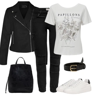 Outfit s Černá/Bílá Mini batoh/Pánská taška/Teddy taška/Mini batoh/Shopper taška/Brašna/Taška Desigual "Módní jarní outfit"