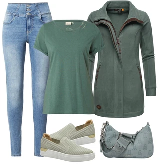 Outfit s Zelená/Tmavě zelená Mikina/Originální Mikina/Svetr S Kapucí Ragwear "Módní jarní outfit"