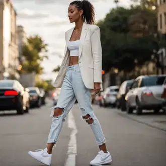 Outfit inspiracije Ljeto sa Crvena/Tamnocrvena/Bijela/Pink Tenisica Za Hodanje/cipela za zdravlje/cipela na vezanje/Rupičasta tenisica/Cipela S Kotačićem/Zimske tenisice/Niska Tenisica Nike, Traperice s Prorezom/Traperice s Rupom/Kožne jakne dstreet, Pink/Ljubičasta/Bijela/Crvena Majica kratkih rukava/Kratki Top/Kratki top Vans, Bijela/Krem Sako s Perjem/Oversize Sako/Kožna Jakna za Muškarce/Kratki Sako/Boucle Blazer/Boyfriend Sako/Kožna jakna za muškarce koton "Najbolji koncertni izgled"