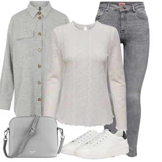 Outfity z džínu Lehké Zima s Šedá/Světle šedá/Khaki Manšestrová Bunda/Udržitelná bunda/Košilová bunda Pieces "Oblečení pro volný čas"