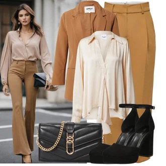 Outfit s Bílá/Oranžová/Béžová Halenka s Mašlí/Halenkové Body/Neobvyklá Halenka/Hedvábná Halenka/Saténová Halenka/Zavazovací Halenka/Elegantní Halenka ema louise x about you "Elegantní vzhled"