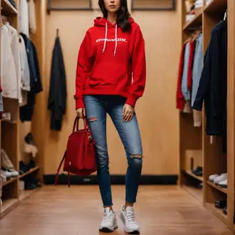 Outfit inspiracije Ljeto sa Plava Kožna Jakna moodo, Crvena/Tamnocrvena Sportska majica/Pulover S Kapuljačom/Otmjena majica s kapuljačom/Pletena dukserica/Sportska dukserica aloha from deer, Sportski dodatak tapout "Opušteni Rock Stil"