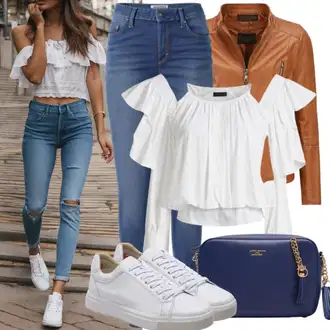 Outfit inspiracije 80-te roky sa Crna/Bijela Bajkerska Jakna/Kožna Bomber Jakna/Jakna od Umjetne Kože/Vintage kožna jakna/Kožna Jakna Calvin Klein "Opušteno Elegantan Stil"Look: Ured, Francuske, Radna odjeća, 80-te roky