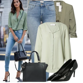 Outfit s Světle Zelená/Zelená Jednobarevná Halenka/Neobvyklá Halenka/Crash blůza/Oversize Halenka/Businessová Halenka/Halenkové Body/Blůza s knoflíčkem/Slip-on Halenka/Halenka s Dlouhým Rukávem Vila "Lehký outfit"