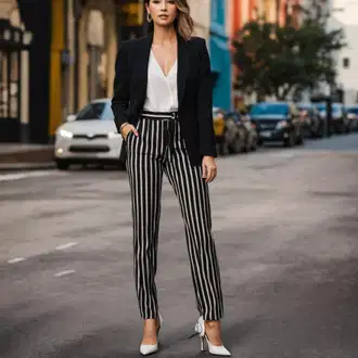 Outfity pro matriční úřad s Černá/Červená/Tmavě červená Široká Kalhoty/Palazzo Kalhoty/Tradiční Kalhoty/Kožená Pánská Bund/Culotte Kalhoty "Outfit s černobíle pruhovanými kalhotami"