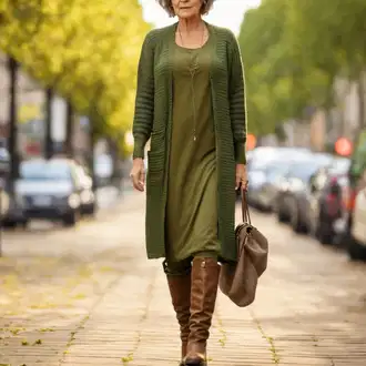 Dresses outfits Plemenita Zima mit Rjava/Bež/Siva Jahalni Škorenj/Potezni škorenj/Zimski Jahalni Škorenj/Lovski čevelj/Ravni škornji čez koleno/Škornj čez Koleno/Usnjen Škornj Čez Koleno answear lab "Outfit s čevlji nad kolenom od 60 let"Look: Plemenita, Overdressed, Eleganten, Vintage, Fancy, Western, Prevelik, Safari, Rockenjski, Priložnostne, Klasična, Premij, Italijanska, 20-ta leta