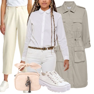 Kulotke outfit mit Khaki/Bež/Bela Kavbojke Trenirka Jeans/Usnjena Jakna/Formalna Srajca/Plisirane Kavbojke/Mom Jean/Široke Kavbojke/Culotte Kavbojke/Dad Kavbojka top secret "Outfit za Sprehod"