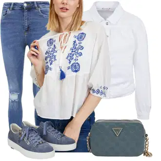 3/4 Rukavi Outfit sa Tamnoplava/Plava/Bijela/Krem Razigrana Bluza/boho Bluza/Dječja igračka/Engleska Bluza s Broderie/Vezena Bluza orsay "Outfiti za slobodno vrijeme"