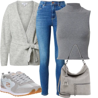 Outfit sa Plava Kožna Jakna/Ženske Traperice 7/8 Dužine/Čizma do Gležnja/Skraćene Traperice/High Waist Traperice/Traperice s Prorezom/Traperice s Rupom/Push-up Traperice/Slip-on Traperice/Kožne Cipele/Muška Kožna Jakna/Zimska jakna VERO MODA "Ulični Stil Odjeće"