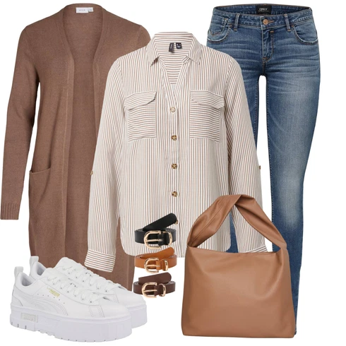 Kombinace Béžová/Hnědá/Khaki/Světle šedá Manšestrová Halenka/Blůza s knoflíčkem/Halenka s Dlouhým Rukávem/Oversize Halenka/Blůza s nášivkou na lokti VERO MODA kombinovat s Hnědá/Fialová/Béžová/Šedá Pletenina veľkej veľkosti/Tunika Vila