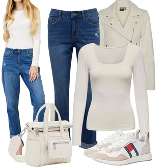 Outfit s Béžová/Krémová/Bílá Bota Vintage teniska/Teniska teddy/Úzká teniska/Kožené tenisky/Nízká Teniska/Letní tenisky Tommy Jeans "Outfity na volný čas"