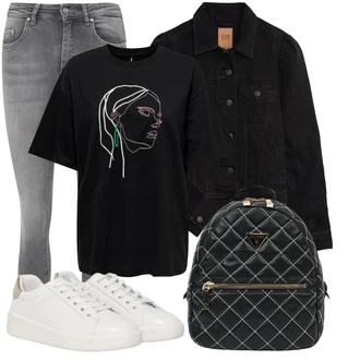 Outfit s Černá/Hnědá/Tmavě červená Mini batoh/Mini batoh Guess "Outfity na volný čas"