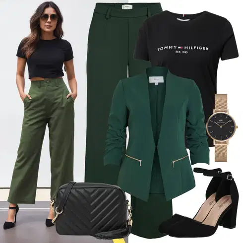 Kombinace Zelená/Tmavě Zelená Kalhoty se Štěrbinou/Mušelínové kalhoty/Dlouhá Kalhoty/Palazzo Kalhoty/Marlene Kalhoty/Široká Kalhoty/Kalhoty Bootcut/Kožená Pánská Bund/Rozšířená Kalhoty/Kalhoty s Vysokým Pasem Object