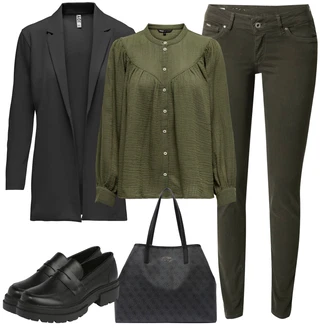 Krep Outfit s Tmavě zelená Blůza s knoflíčkem/Halenkové Body/Halenkový Top/Halenka se Stojatým Límcem/Lněná Halenka/Manšestrová Halenka Only "Perfektní na jaro"