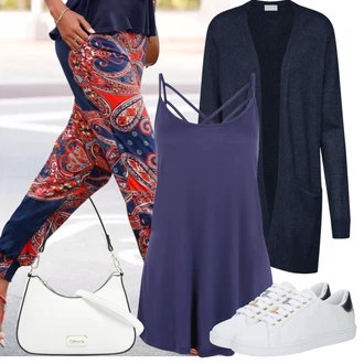 Trendový Outfit s Bílá/Modrá/Tmavě modrá/Krémová Nízká Teniska/Teniska se Třpytkami/Úzká Teniska/Kožené Tenisky Guess "Perfektní na jaro"Look: Sportovní, Lak, Ležérní, Trendový, Unisex