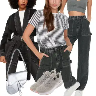 90. leta, Stil outfit mit Široke Kavbojke/Usnjena Jakna/Mom Jean/Usnjena Moška Jakna/Široke Kavbojke/Dad Kavbojka/Cargo kavbojke Trendyol "Pomladanski Outfit"Look: 90. leta