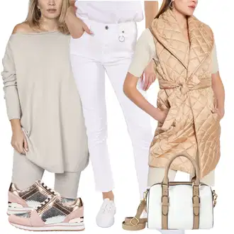 outfit mit Bež/Siva/Rjava/Khaki Dizajn navijanja pletene jopa/Kardigan z okroglim izrezom/Pončo & Kimono Poncho/Kardigan iz kašmirja/Jopica/Pleteni ponč mkm "Pomladanski Outfit"