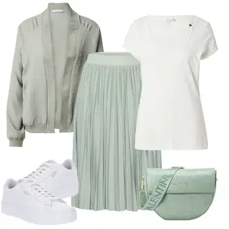 Ležerno, Šik Outfit sa Svjetlozelena/Zeleno Kratke hlače velike veličine/Haljina Veći Broj About You "Lagana odjeća"Look: Lagano, Šik, Old Money, Poslovni, 20-ih godina, Chic, Elegantan, Prekrasan