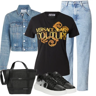 outfit mit Škrlatna/Zelena/Zlati/Črna/Rumena Majica s potiskom/Majica s kratkimi rokavi/Casual Majica/Lepa Majica/Grafična Majica/Tiskana Majica Versace Jeans Couture "Pomladanski Outfit"