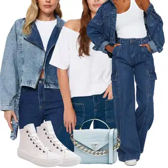 Baggy outfit mit Svetlo modra/Modra/Oranžna Široke Kavbojke/Usnjena Jakna/Mom Jean/Usnjena Moška Jakna/Široke Kavbojke/Dad Kavbojka/Cargo kavbojke Trendyol "Pomladanski Outfit"