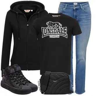 outfit mit Jakna Lonsdale, Rdeča/Rjava/Zelena/Bež/Črna Casual Majica/Grafična majica/Lepa Majica/Športna majica/Dolga srajca Lonsdale "Pomladanski Outfit"