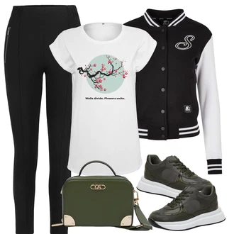 Style Outfits Western mit Bež/Krem/Bela/Zelena/Roza Ovitek za majico/Beseda na majici/Majica s kratkimi rokavi/Tiskana majica/Majica za mišice/Grafična majica Mister Tee "Pomladanski Outfit"Look: Kul, Francoski, Morski, Mom, Lepo, Zunaj, Romantičen, Vintage, Western