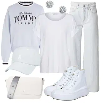 Skirt outfits 90. leta mit Svetlo modra Zvončaste Hlače/Bootcut Hlača/Nagubane hlače/Kombinezon/Razširjena Hlača/Hlače z Visokim Pasom/Marlene Hlača/Hlača z Razporkom/Široka Hlača about you x toni garrn "Poslovna oblačila"Look: Stil, 90. leta, Kul, Univerzitetni, 70. leta