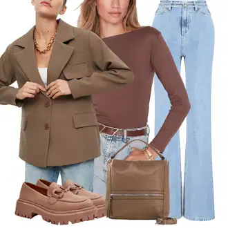 outfit mit Rjava/Bež/Temno rjava Bluzasti Body/Usnjena jakna za moške/Bluza z Dolgimi Rokavi/Enobarvna Bluza Trendyol "Poslovna oblačila"