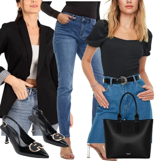 outfit mit Črna/Svetlo modra/Rjava/Bela Slingback Črpalka/Čevelj S Paščkom marjin "Poslovna oblačila"