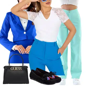 outfit mit Svetlo modra/Modra Kratka majica/Čipkasti top/Crop Top Čipka rue paris "Poslovna oblačila"