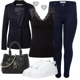 Classy outfits mit Temno modra Kavbojke Usnjena Jakna/Kavbojke Visokega Pasu/Push up Kavbojke/Usnjene Čevlje/Termodžinsi/Zimska jakna ONLY Carmakoma "Poslovna oblačila"